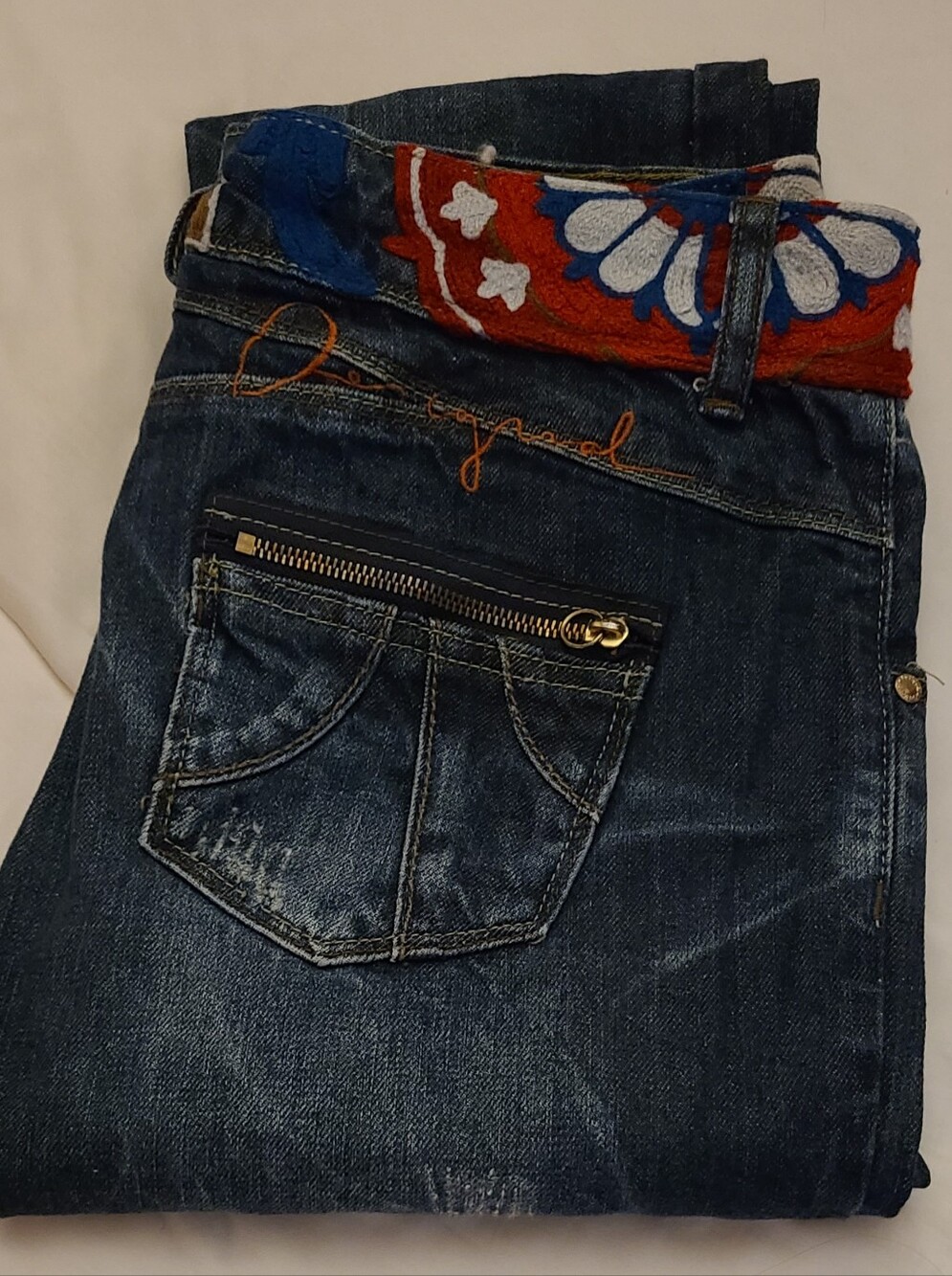DESIGUAL Dark Blue Women’s Jeans with Embroidered Waist Detail